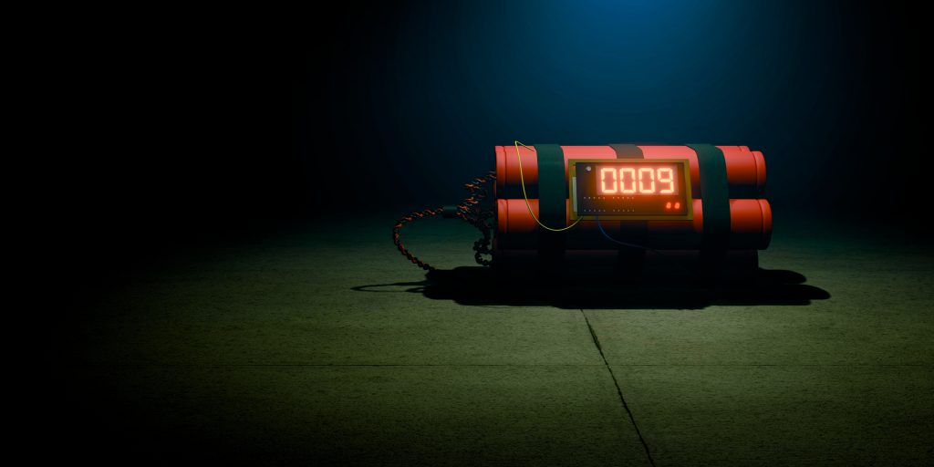 Image of a time bomb on dark background. Timer counting. 3d render