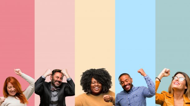 Cool group of people, woman and man happy and excited expressing winning gesture. Successful and celebrating victory, triumphant